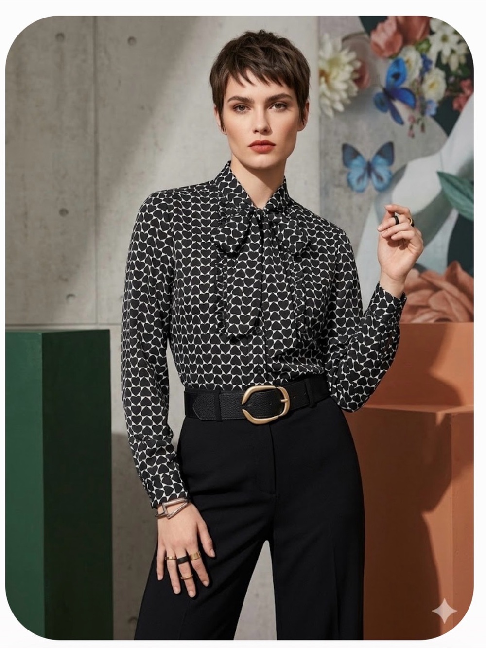 Jacob Black and White Heart-Print Tie-Neck Fitted Blouse